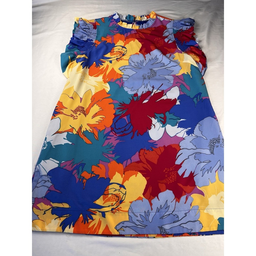 Jodifl Dress Tropical Royal Mix Flower Ruffled Cap‎ Sleeve Shift Side Slit L NWT